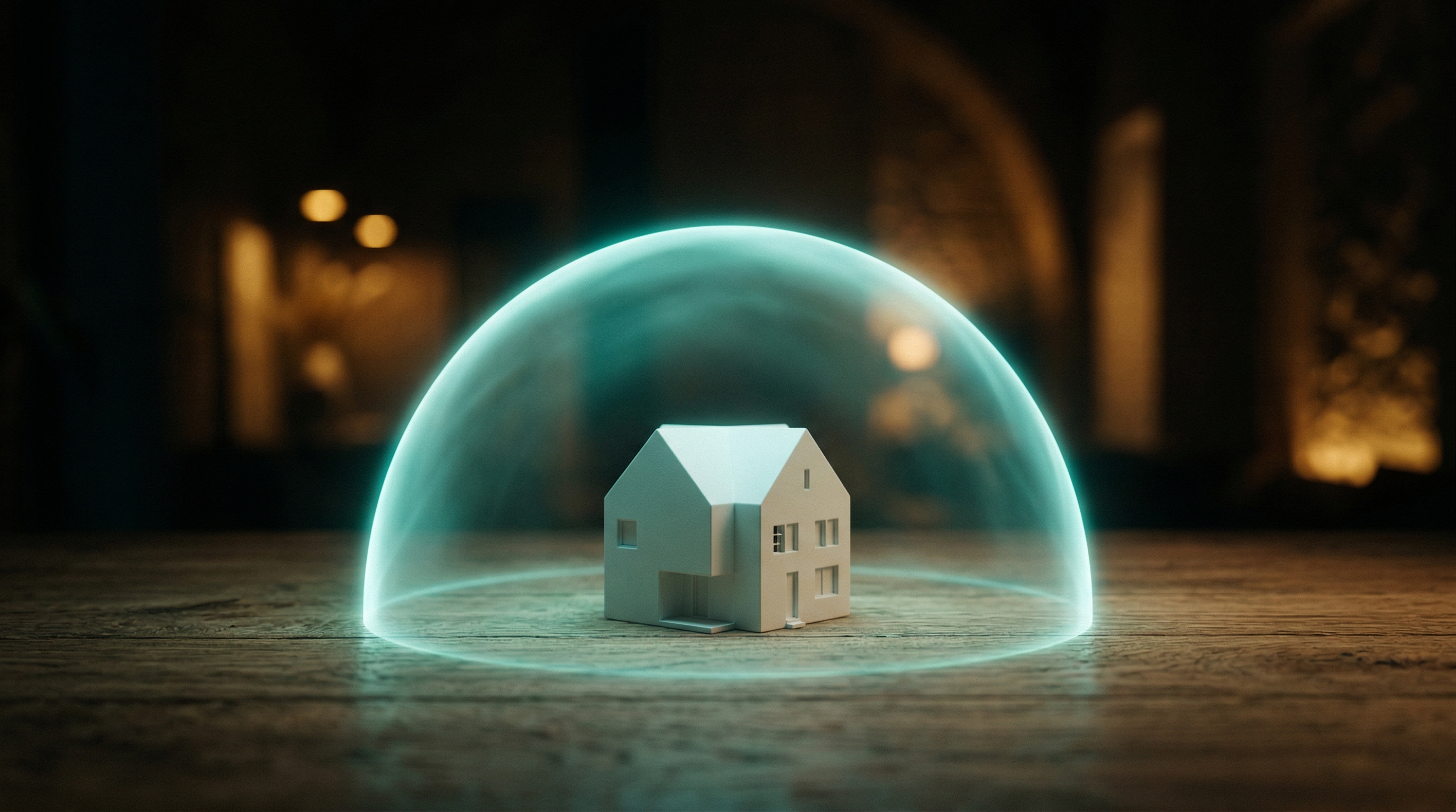 Modernes Haus geschützt durch einen leuchtenden Schutzschild